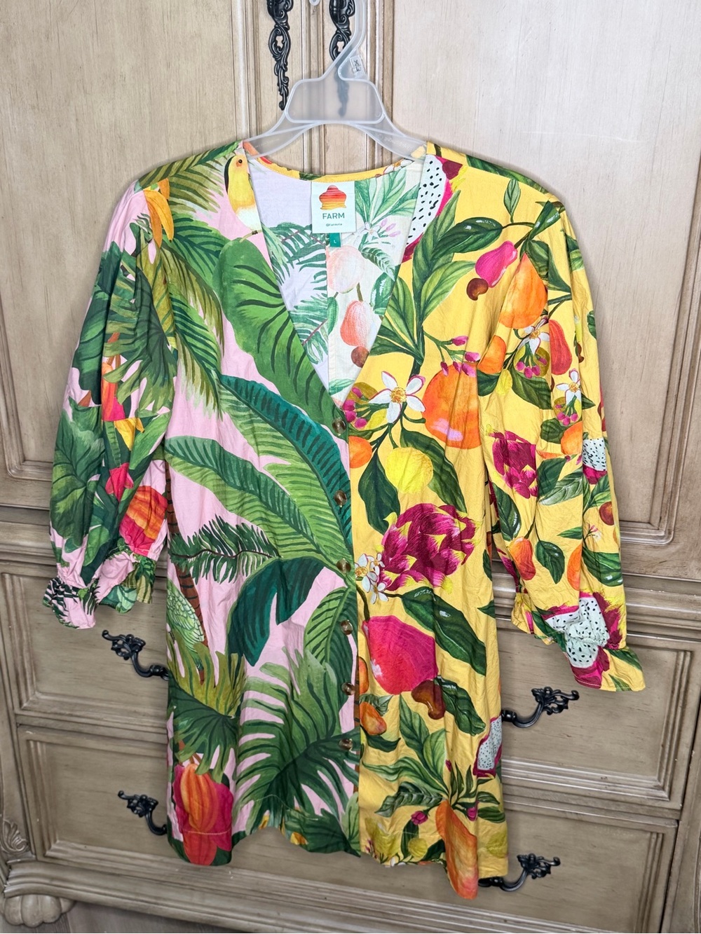 Farm Rio Mixed Prints Puff Sleeves Chemise Dress - Picture 5 of 6